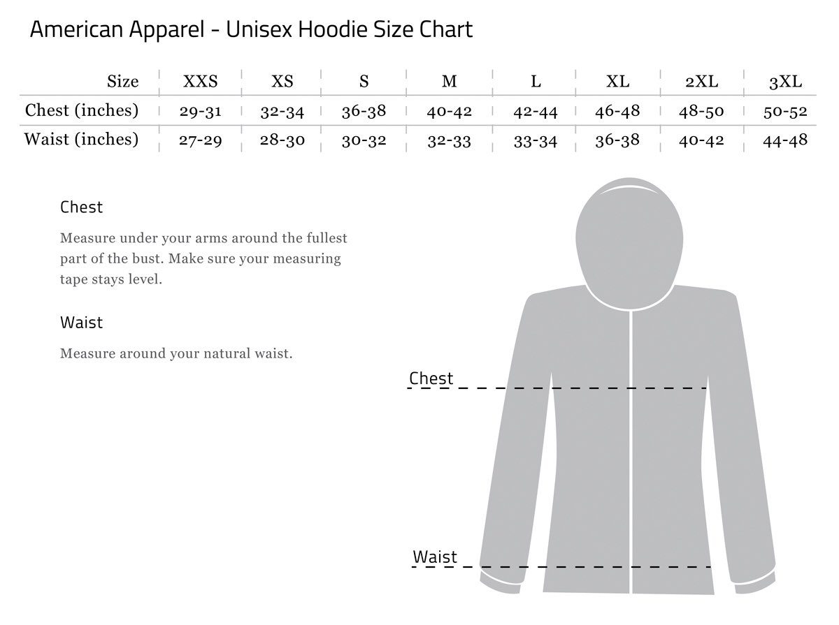 American Apparel Zip Up Hoodie Size Chart